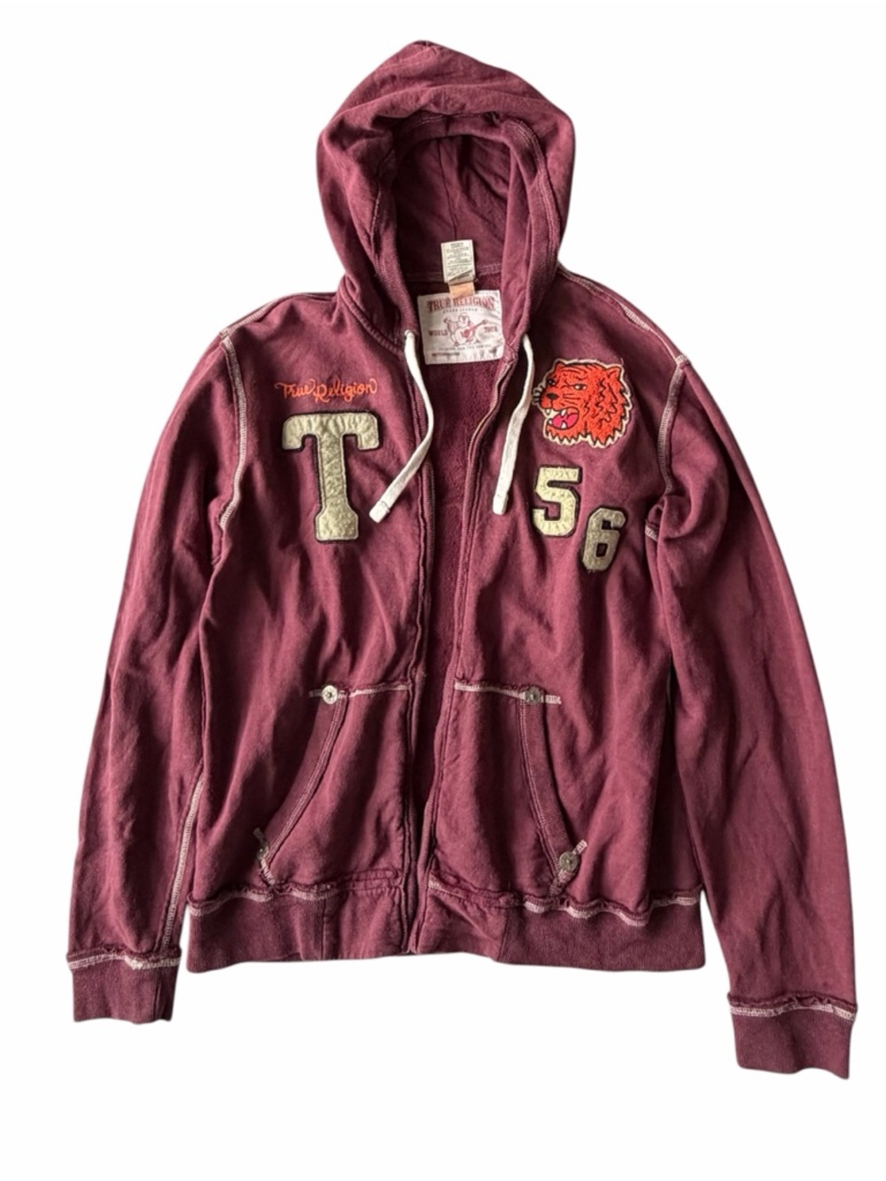 True Religion Maroon Zip-Up Hoodie with Tiger Patch size L